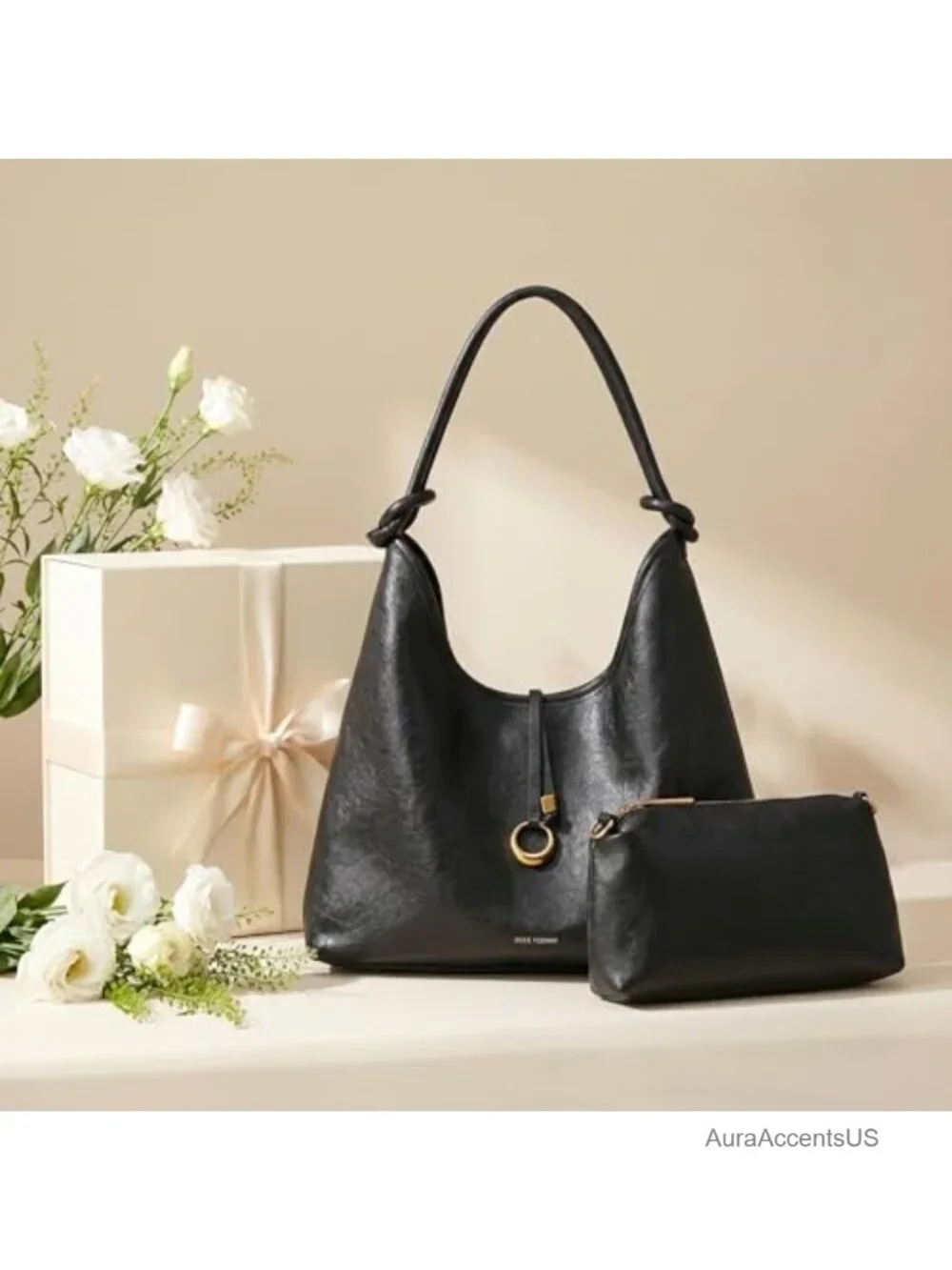 2-in-1 Hobo Shoulder Bag with Detachable Pouch, Faux Leather Purse Set
